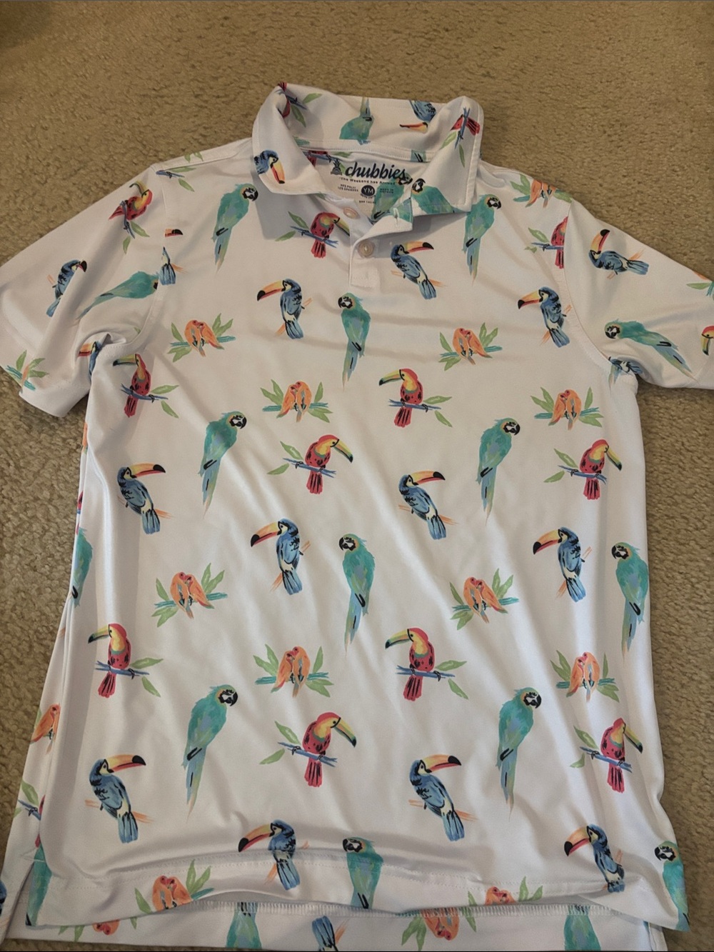 Chubbies White Polo with Multicolor Parrot Pattern kids size M